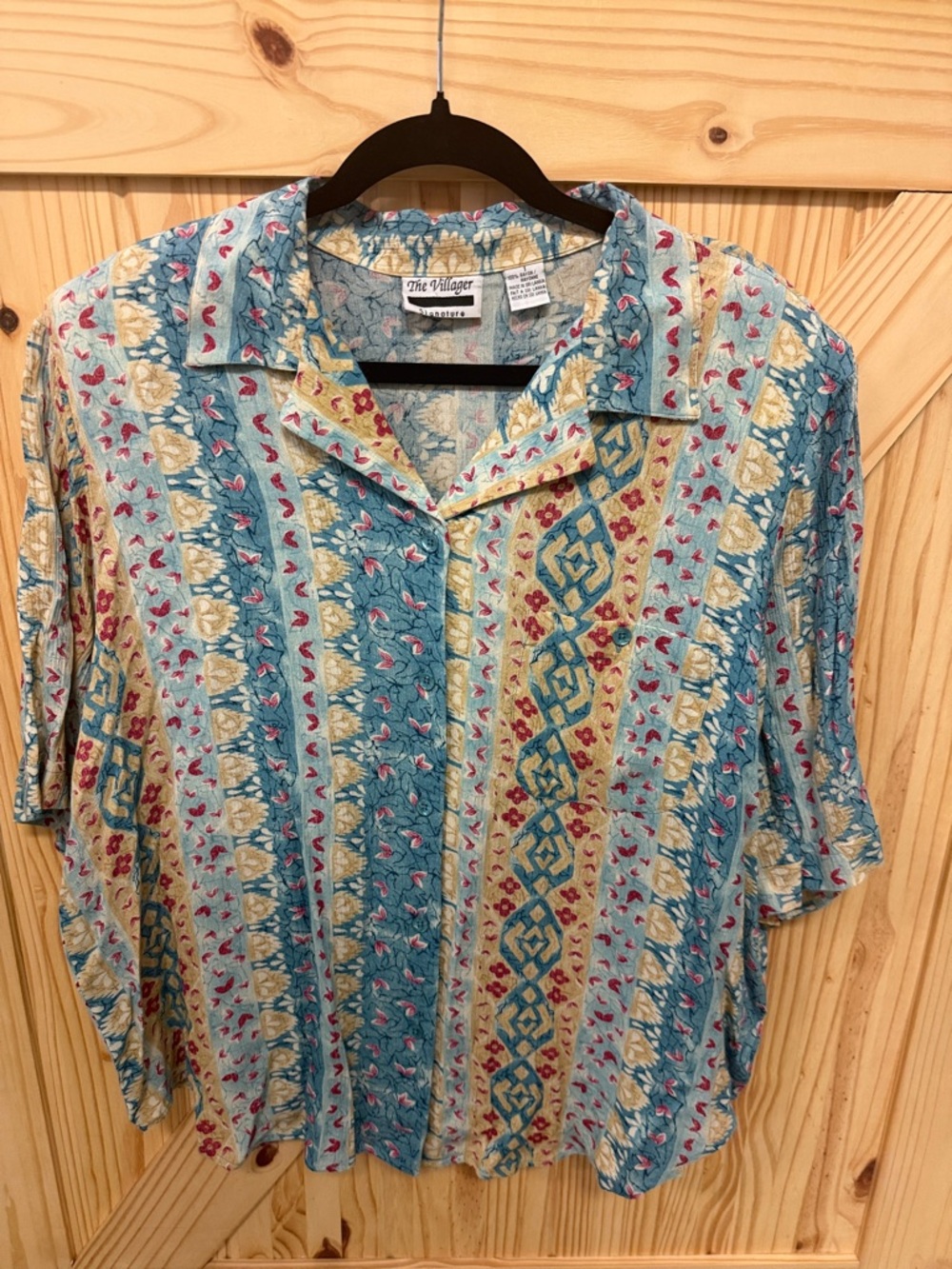 villager Teal, Cream & Red Short-Sleeve Patterned Button-Down Shirt